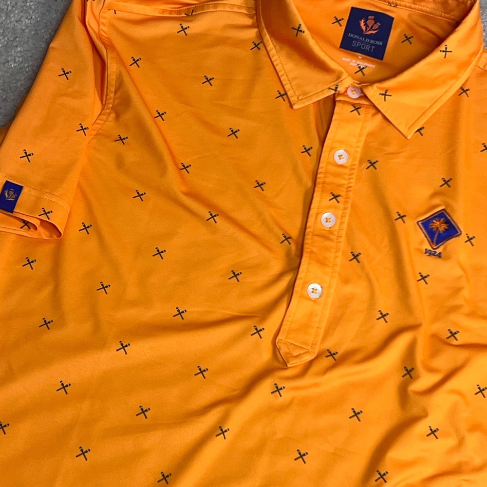 Donald Ross Sport Shirt Polo Mens Orange Golf‎ Bradenton CC Print Performance M